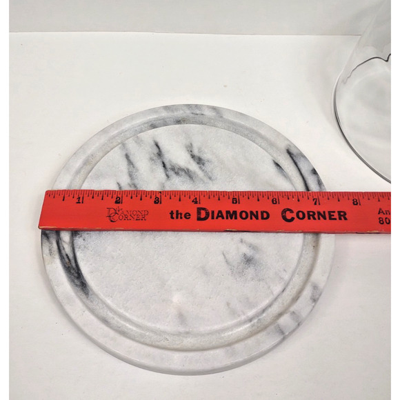 Vintage Marble Cheese Board Plate, Glass Cloche Dome, Footed Base, 7.5" Diameter - Picture 5 of 7